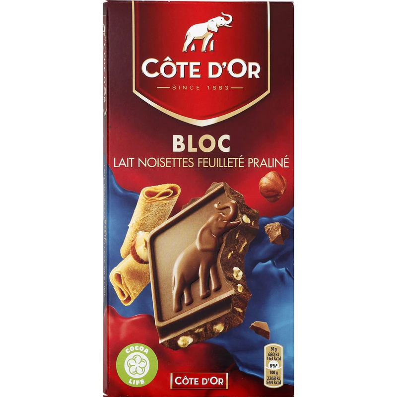 Tableta de chocolate con leche con avellanas y hojaldre de praliné 180g - COTE D'OR