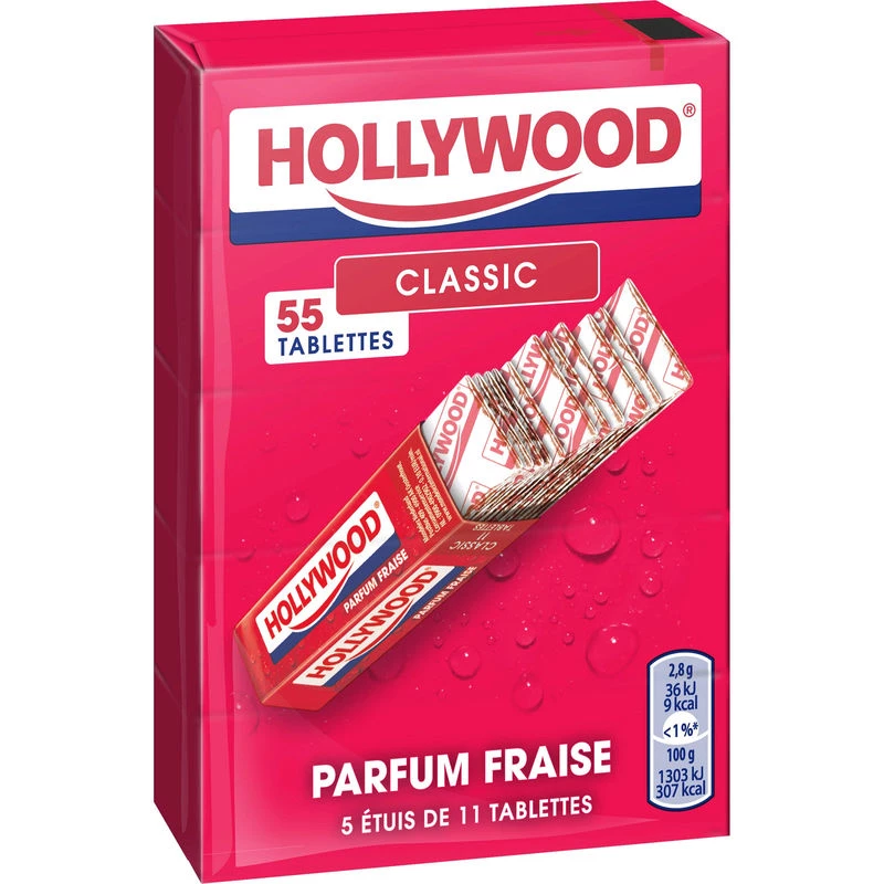 chicle de fresa; 5 cajas de 11 comprimidos - HOLLYWOOD