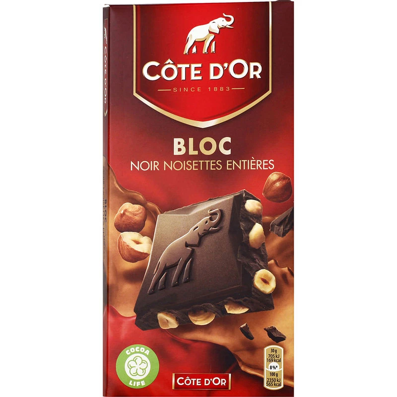 Плитка темного шоколада с цельным фундуком 180г. - COTE D'OR