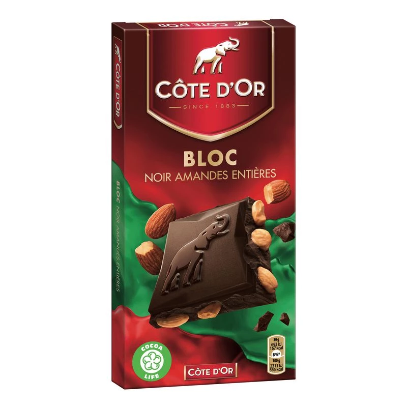 Reep pure chocolade met hele amandelen 180g - COTE D'OR