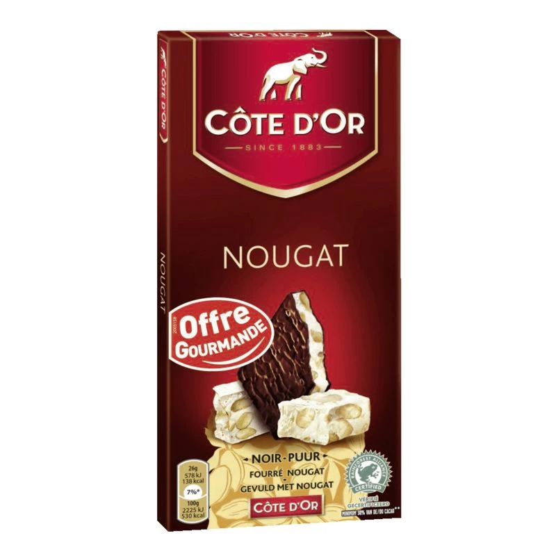 Tablette de chocolat noir fourée au nougat 130g - CÔTE D'OR