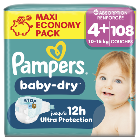 Couches Baby-Dry 10-15kg Taille 4+ x108 - PAMPERS