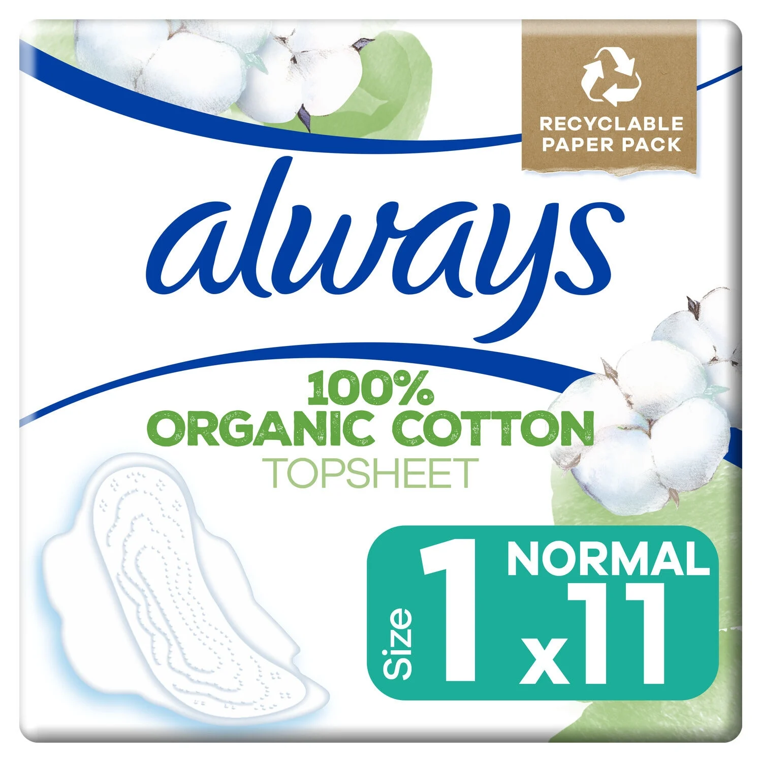 Sanitary Napkins with Superior Voile Wings 100% Normal Organic Cotton Size 1 x11 - ALWAYS