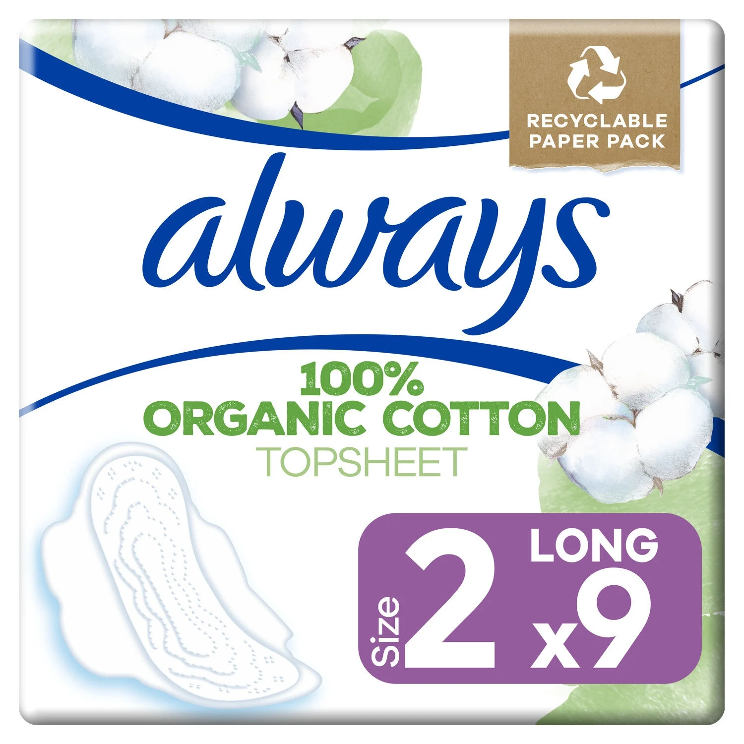 Sanitary Towels with Superior Voile Wings 100% Organic Cotton Long Size 2 x9 - ALWAYS