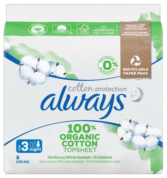 Sanitary Towels with Superior Voile Wings 100% Organic Night Cotton Size 3 x8 - ALWAYS