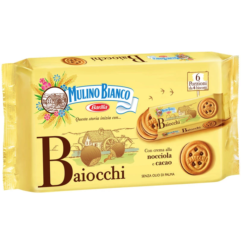 Biscoitos Baiocchi recheados com avelãs e cacau 336g - MULINO BIANCO