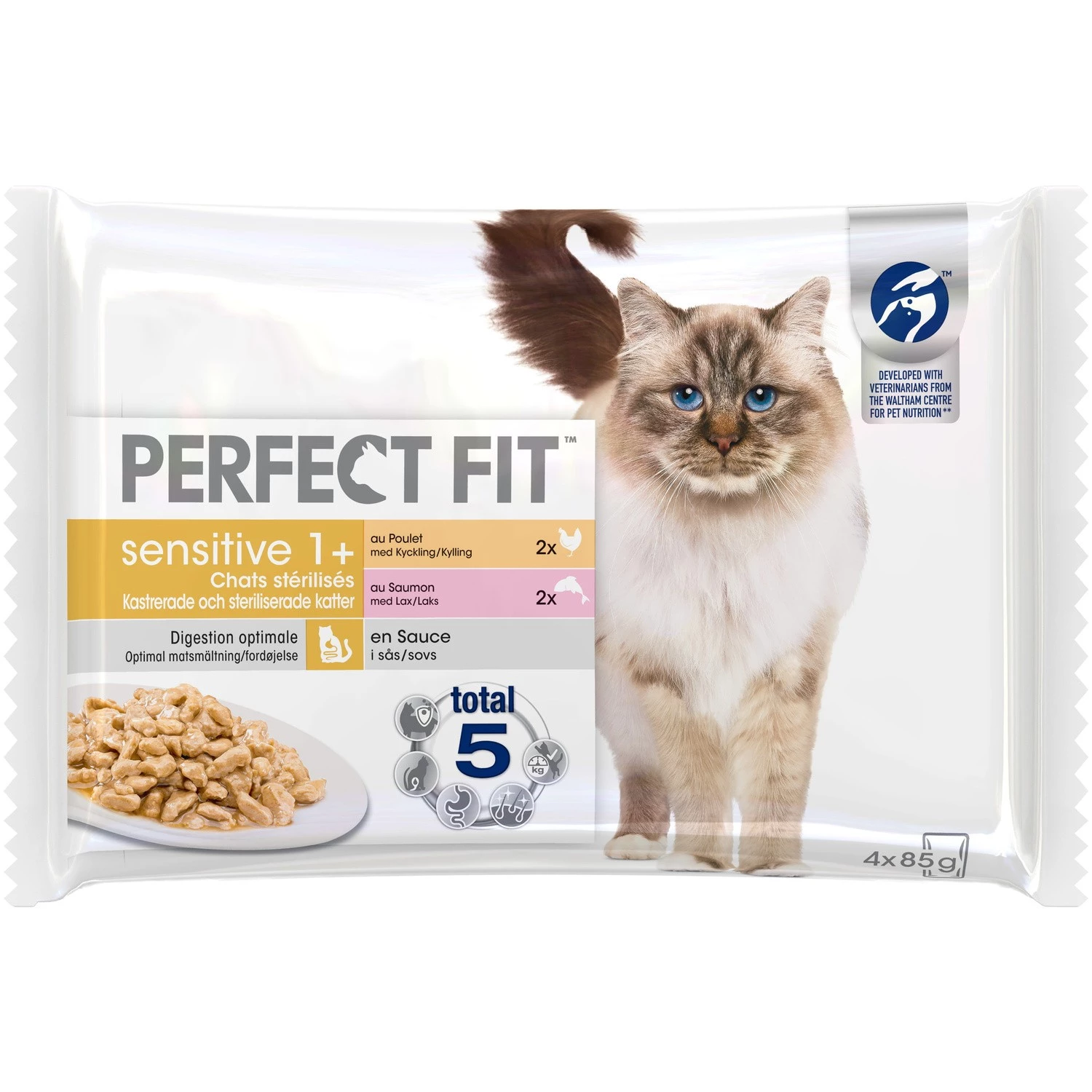 Futter für sterilisierte empfindliche Katzen, frische Beutel in Soße, 2 empfindliche Sorten, 4 x 85 g - PERFECT FIT