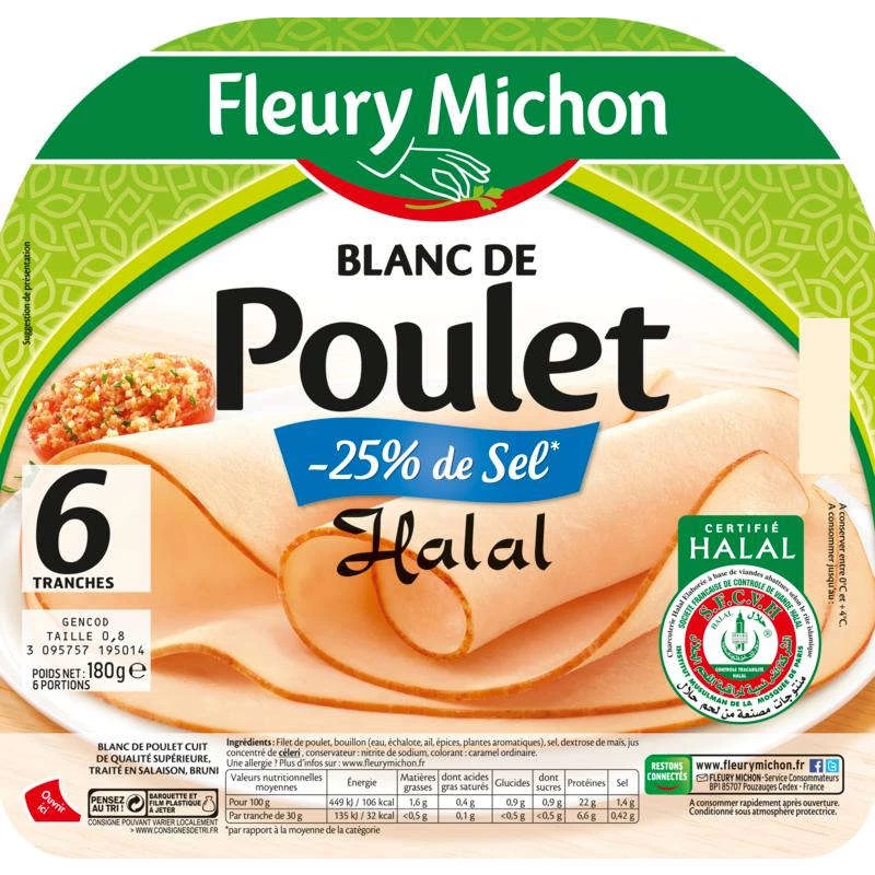Blanc de Poulet Réduit en Sel Tranches Fines Halal, 6 Tranches - FLEURY MICHON