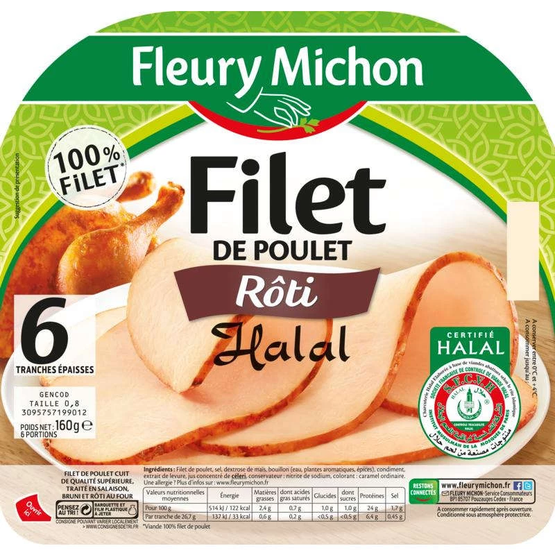 Filet de Poulet Rôti Halal,  6 Tranches - FLEURY MICHON