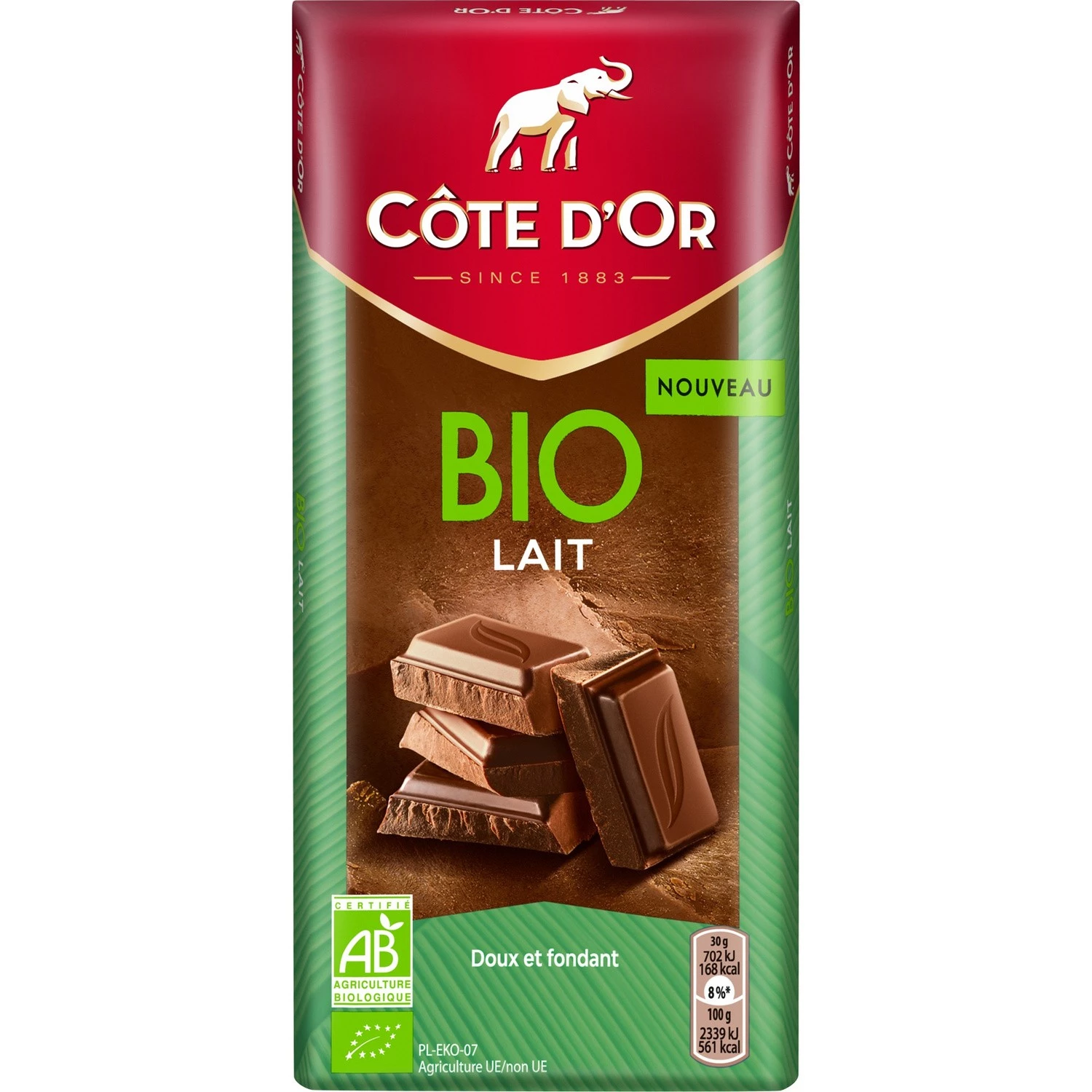 Tablette de chocolat au lait doux et fondant Bio 150g - COTE D'OR