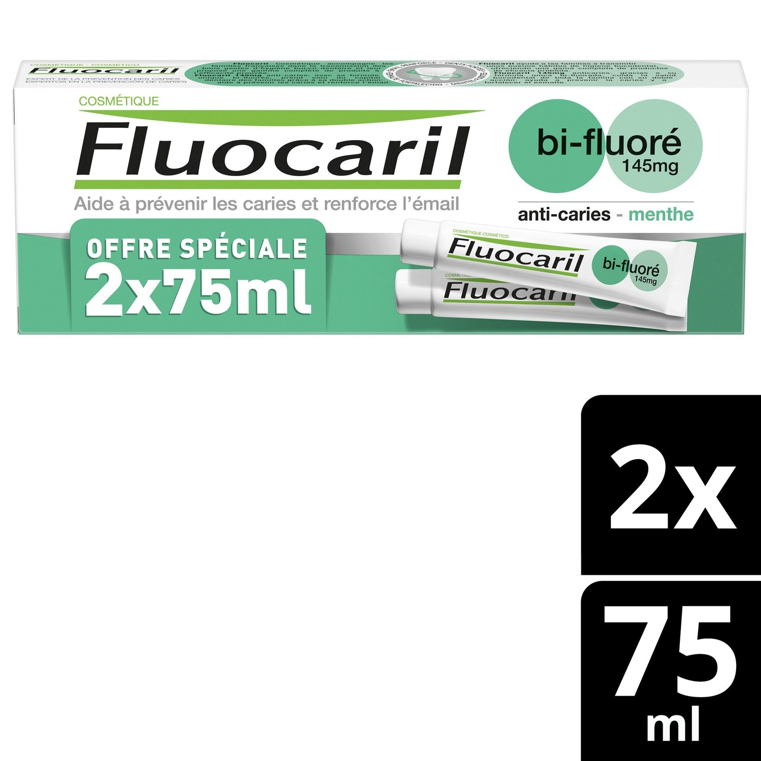 Dentifrice Bi-Fluoré 145 mg Menthe 75 ml lot de 2 - FLUOCARIL