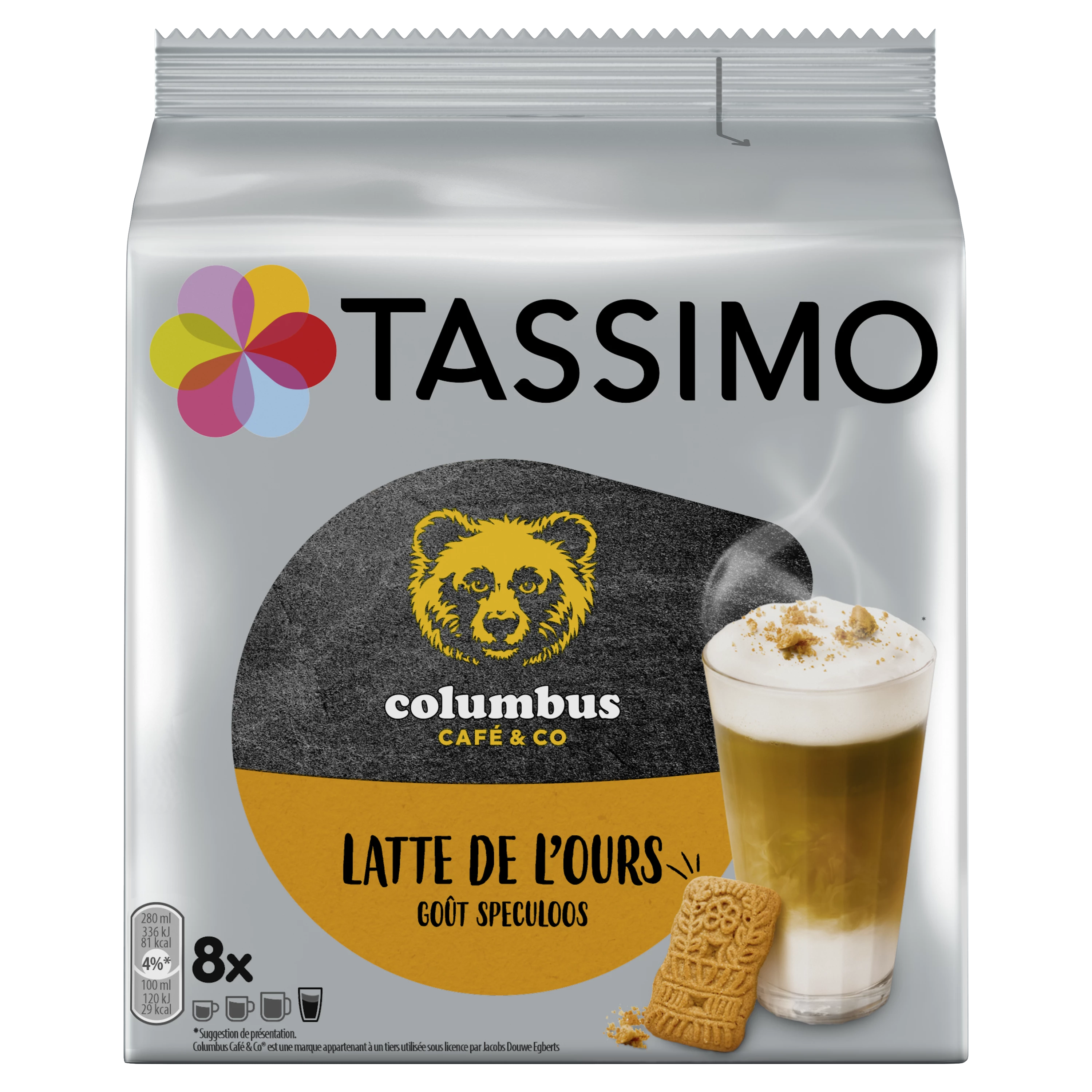 Capsules Café Colombus Latte de L'ours Goût Speculoos x16; 268g - TASSIMO