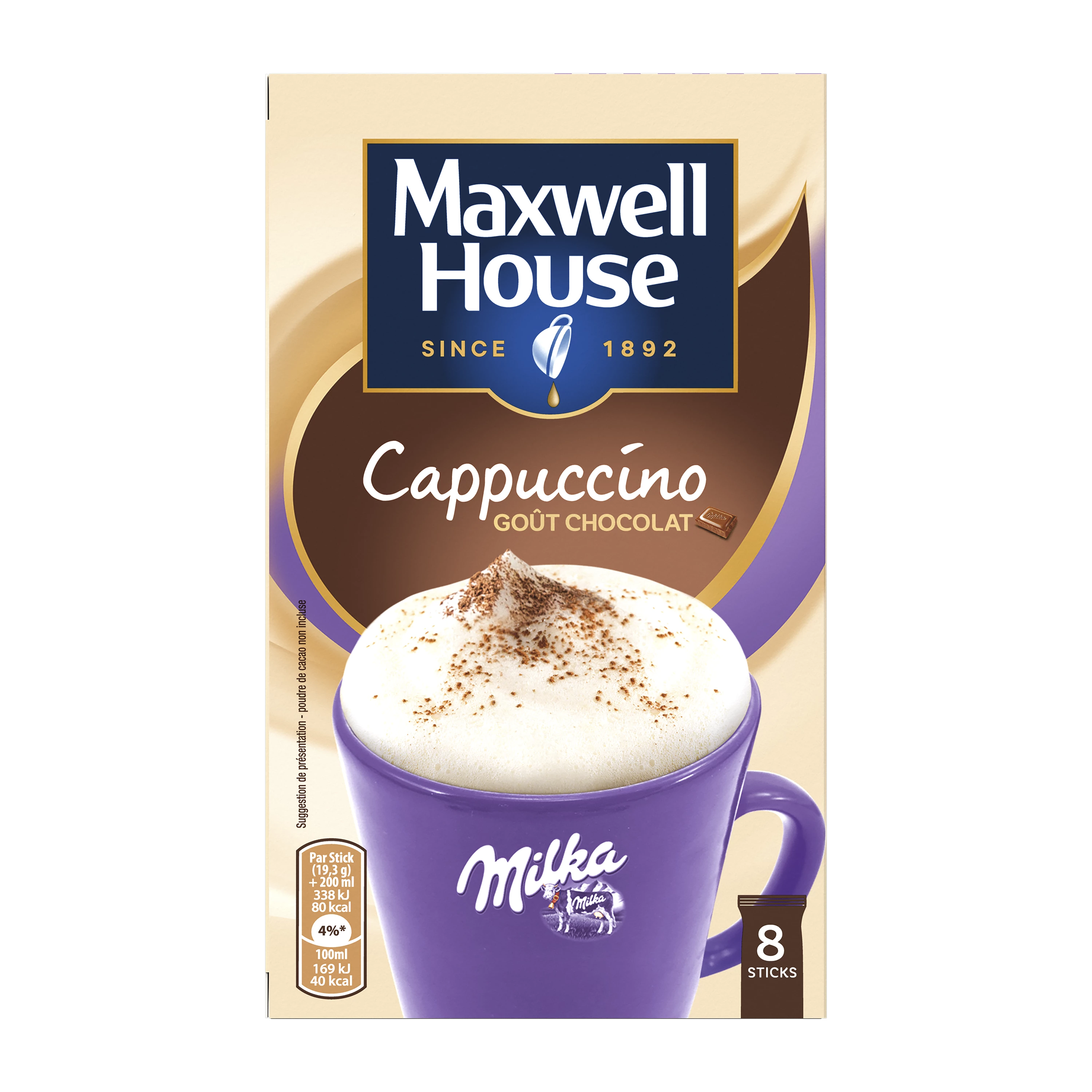Cappuccino Goût Chocolat Milka X8 Sticks 154g - MAXWELL HOUSE