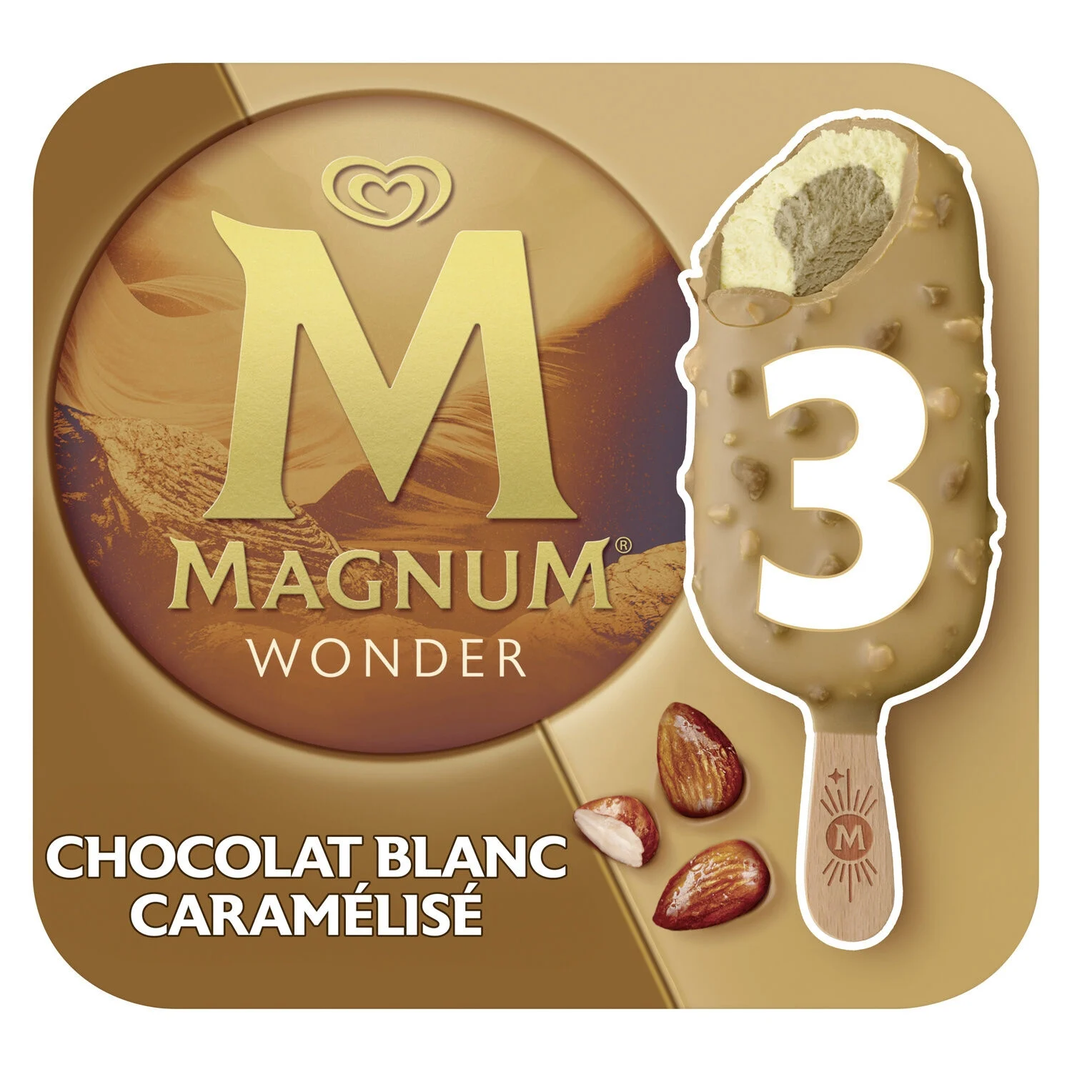 Glace Bâtonnet Chocolat Blanc Au Caramel Et Amandes Caramélisées X3 -magnum