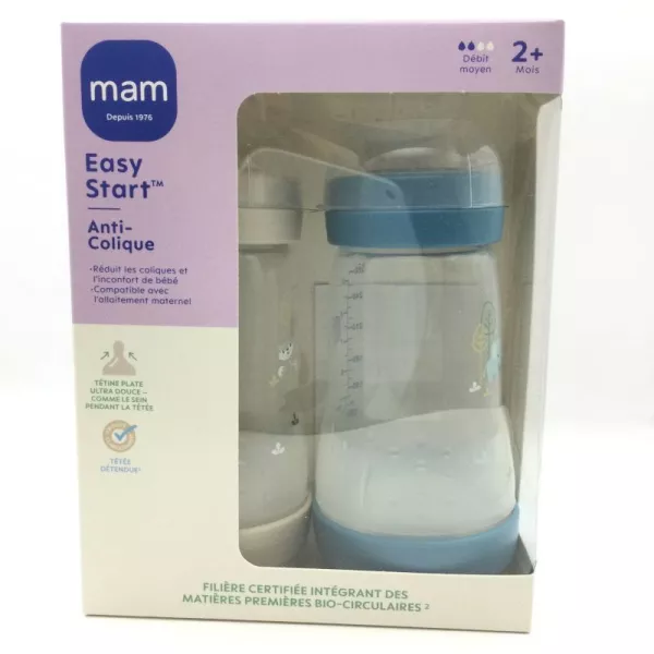 MAM Biberon Easy Start / Anti-Colique - 260ml - Océan + Sable - Tétine Débit 2 - X2 - MAM
