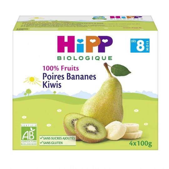Compote bébé BIO poires/ bananes/ kiwis dès 8mois 4x100g - HIPP