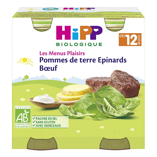 Petits pots BIO pomme de terre/ épinards/ bœuf 12 mois 2x250g - HIPP