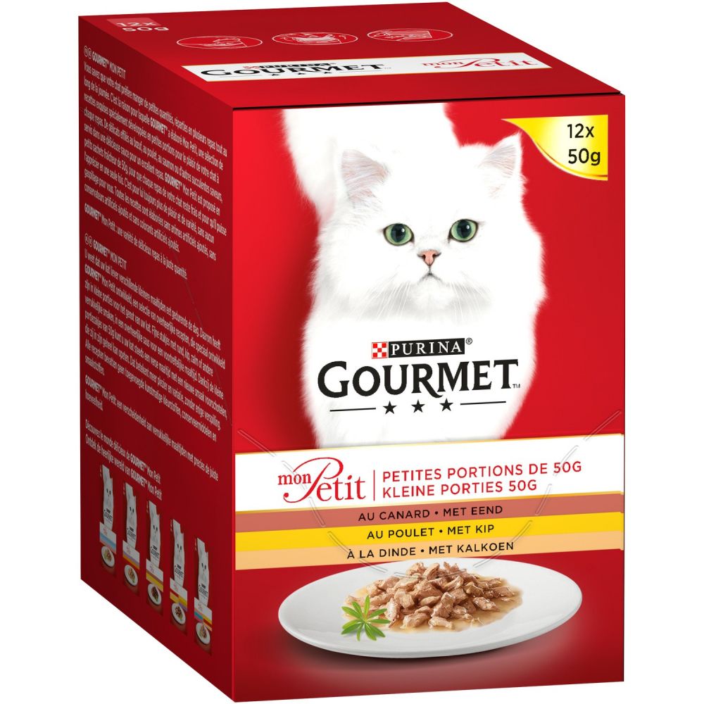 Comida gourmet de frango, pato e peru para gatos 12x50g - PURINA