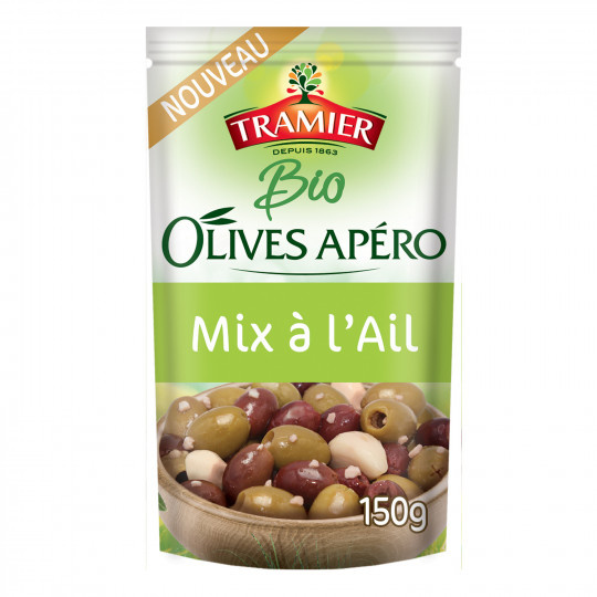 Mix de aceitunas para aperitivo ecológico con ajo 150g - TRAMIER