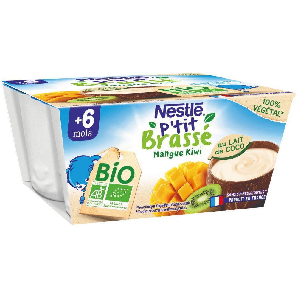 Nestlé P'tit Brassé BIO Banane Mangue 6x50g - Laitage Pour Bébé Dès 4/6 Mois, Sans Sucres Ajoutés, Conservation Hors Frigo