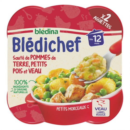 Prato para bebé de 12 meses com batatas salteadas; bandeja de ervilhas e vitela Blédichef 250g - BLÉDINA