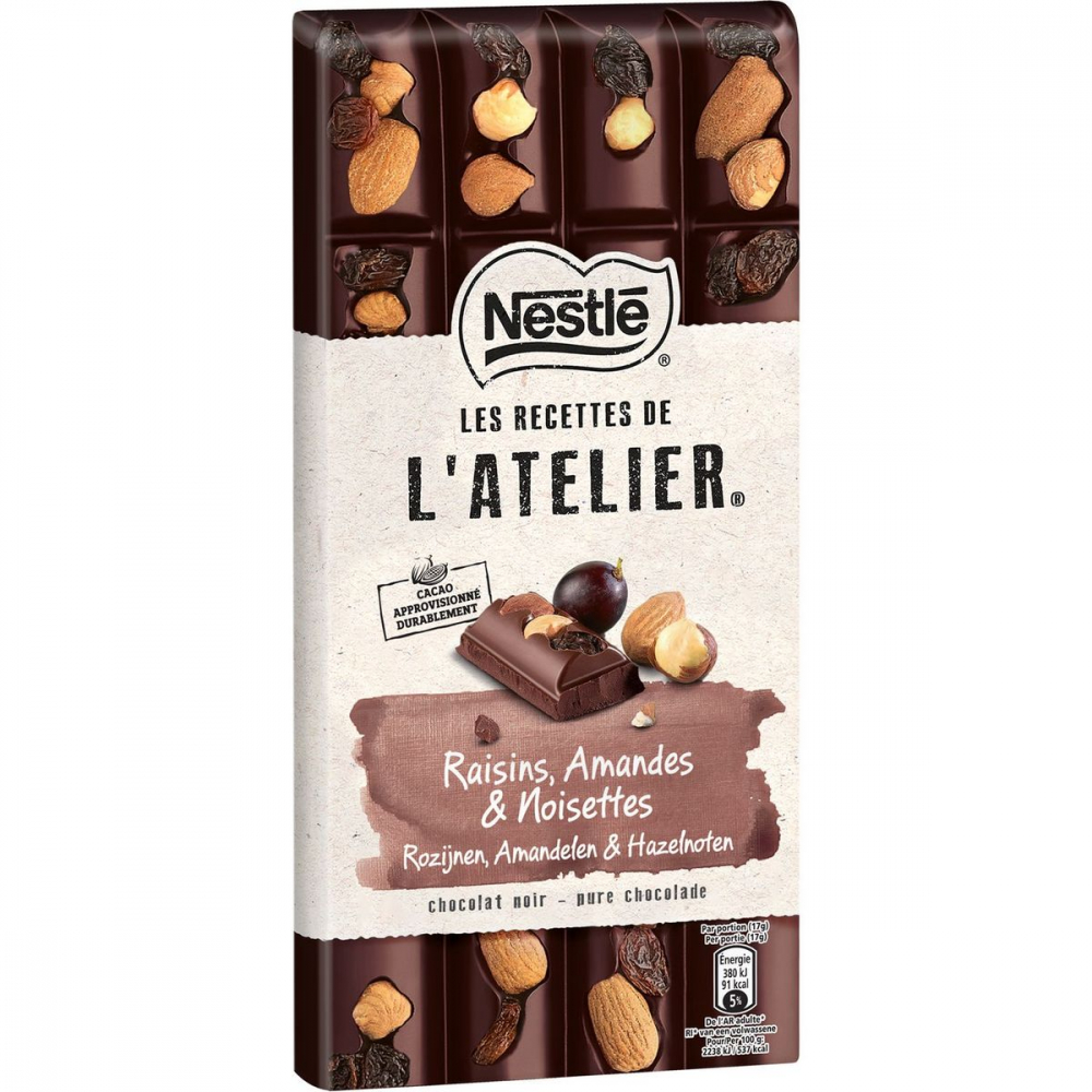 Tablette de chocolat raisins amandes et noisettes l'atelier 170g - NESTLÉ