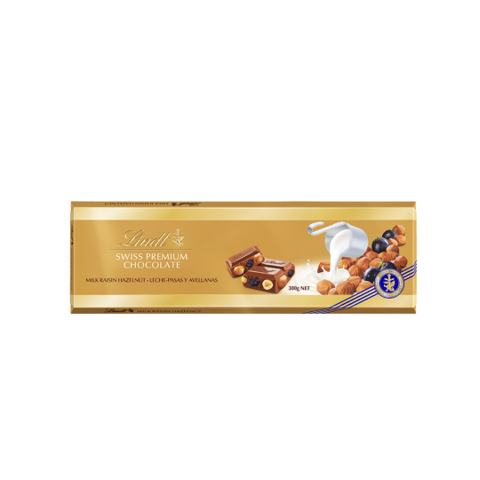 Barretta Swiss Premium al cioccolato al latte, nocciole e uvetta 300 g - LINDT