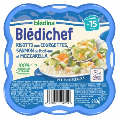 Babyschotel vanaf 15 maanden risotto met Courgette; Pacifische Zalm & Mozzarella Blédichef 250g bakje - BLÉDINA