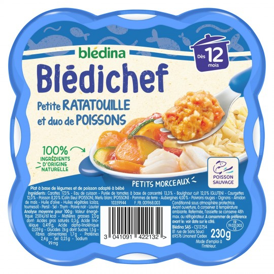 Plato para bebé a partir de 12 meses pequeño dúo pisto y pescado Blédichef bandeja 230g - BLÉDINA