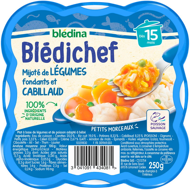 Plat bébé dès 15 mois mijoté de légumes fondants et cabillaud Blédichef la barquette de 250g - BLÉDINA