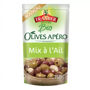 Mix de aceitunas para aperitivo ecológico con ajo 150g - TRAMIER