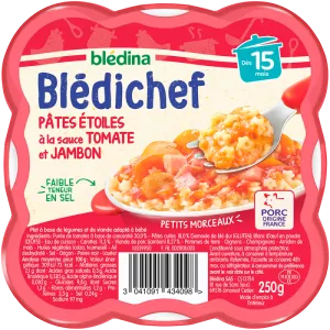 Piattino per neonati dai 15 mesi Pasta stellata al sugo di pomodoro e prosciutto Blédichef vaschetta da 250g - BLÉDINA