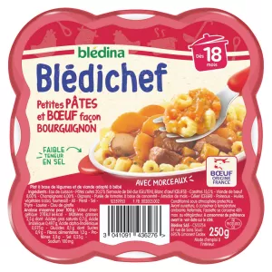 Babyschale aus 18 Monaten kleine Pasta und Rindfleisch -Burgund Blédichef Das Tablett von 250 g - BLÉDINA