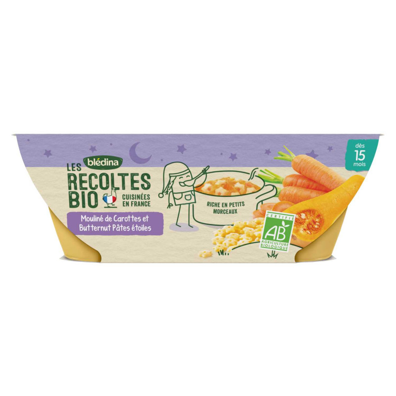 Repas bébé dès 15 mois mouliné de carottes et butternut pâtes étoiles Bio 2x200g - BLÉDINA