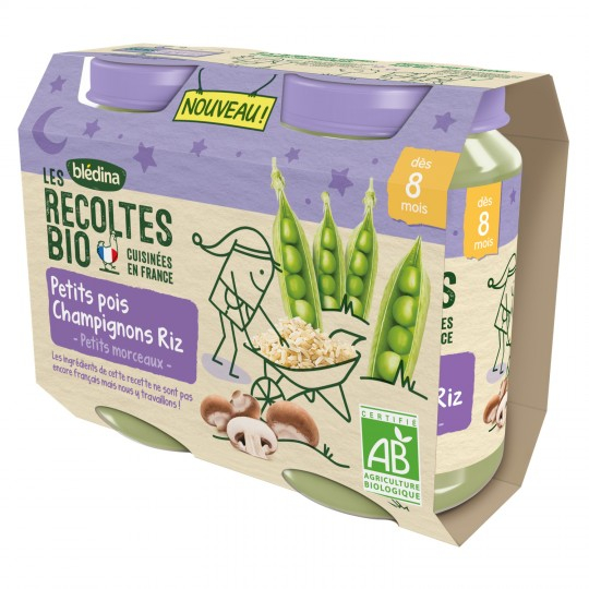 Pots Les Récoltes Petits Pois, Champignon, Riz dès 8 mois 2x200g - BLEDINA