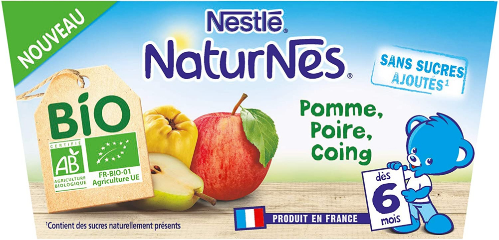 Desserts bébé dès 4/6mois Pomme Poire Coing bio Naturnes 4x90g - NESTLE