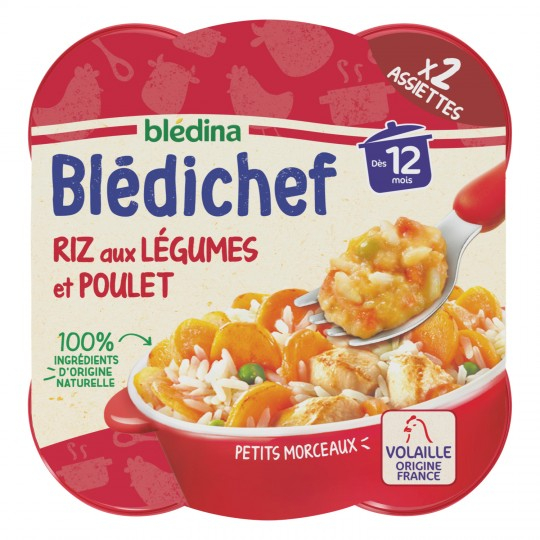 Piatto da bambino da 12 mesi di riso e pollo con verdure Blédichef 2x230G - BLÉDINA