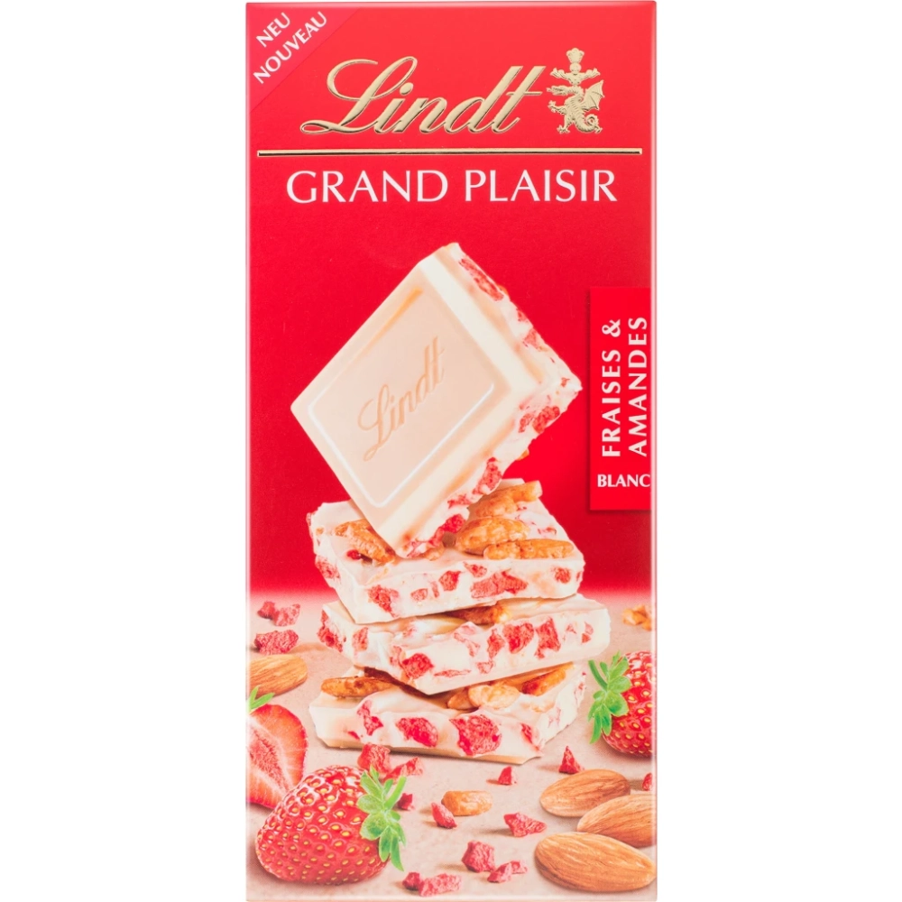 Таблетки Grand Plaisir с белой клубникой и миндалем 150 г - LINDT