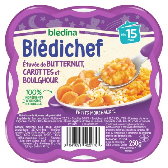 Plat bébé dès 15 mois Etuvée de butternut; carottes et boulghour Blédichef la barquette de 250g - BLÉDINA