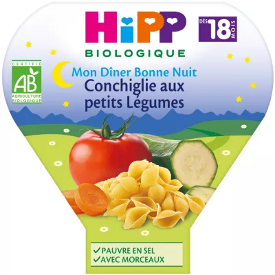 Repas pour bébé Mon Dîner Bonne Nuit Conchiglie Petits Légumes dès 18 mois 260g Bio - HIPP