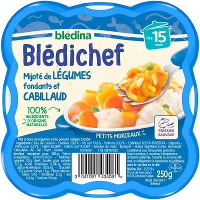 柔らかい野菜とブレディシェフタラの煮込み 15 か月からのベビーディッシュ、250 g トレイ - BLÉDINA