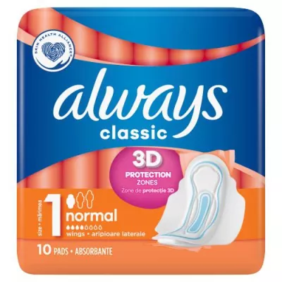 ALWAYS SERVIETTES HYGIENIQUES 3 ACTION CLASSIC 10PC NORMAL AVEC AILES TAILLE 1