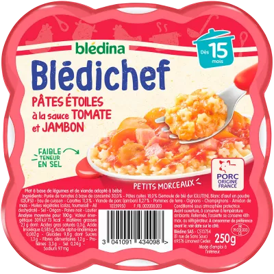 طبق طفل من 15 شهرًا من نجوم في صلصة الطماطم و Blédichef Ham Racher - BLÉDINA