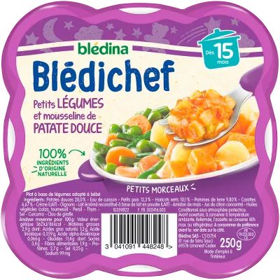 Repas pour bébé dès 15 mois Blédichef Petits légumes et mousseline de Patate douce 250g - BLÉDINA