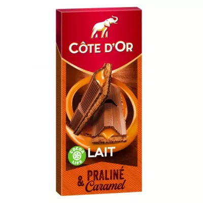 Comprimido de chocolate com leite pralina que flui caramelo 200g - COTE D'OR