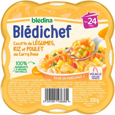 Baby dish from 24 months Rice vegetables chicken with curry 250g - BLÉDINA