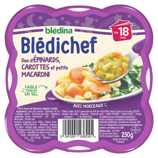 Plat bébé dès 18 mois d'épinards; carottes et petits macaroni Blédichef la barquette de 250g - BLÉDINA