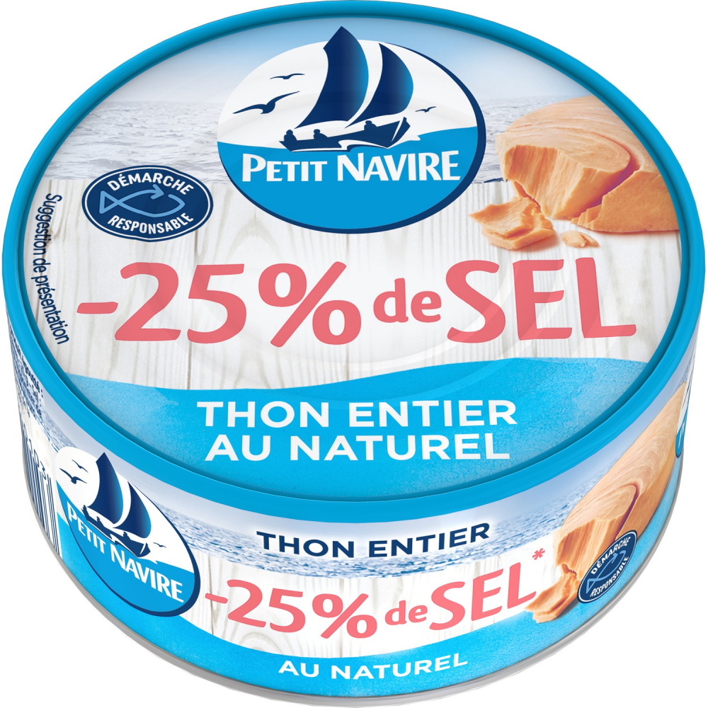 Natuurlijke hele tonijn -25% zout, 112 g - PETIT NAVIRE