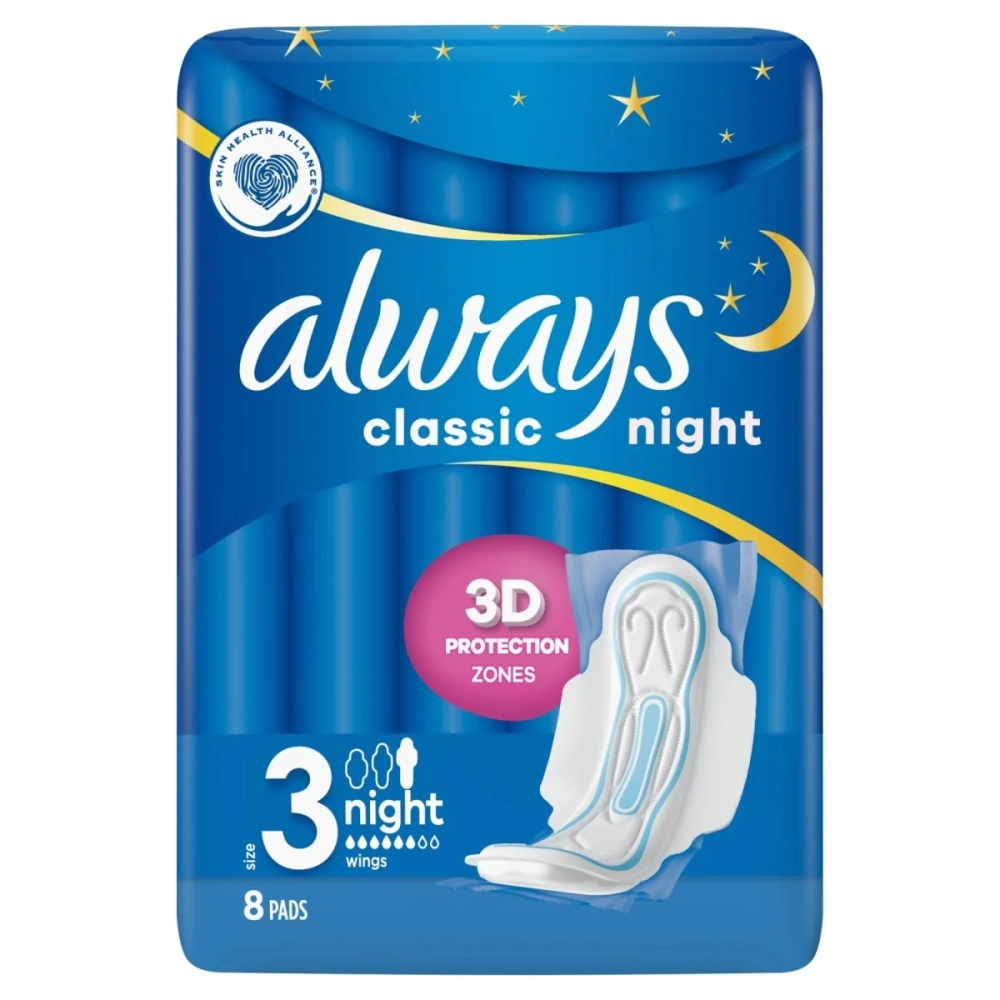 ALWAYS SERVIETTES HYGIENIQUES CLASSIQUE 8PCS NUIT AVEC AILES TAILLE 3