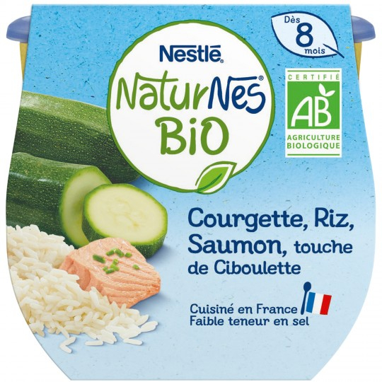 Plat bébé Bio dés 8 mois courgette , riz & saumon Naturnes 2x190g - NESTLE